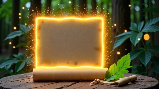Golden scroll with glowing edges in enchanted forest, mystical Celtic theme
