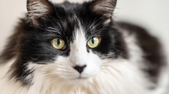 The striking black and white cat with captivating green eyes.