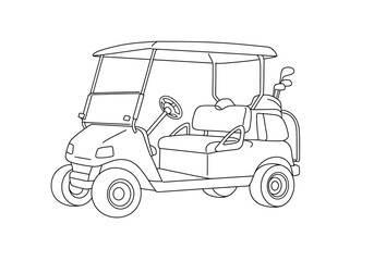 Fototapeta premium Golf car drawing. It is a black and white outline image of a golf cart with clubs in the back, representing transportation on a golf course. Vector sketch line art draw.