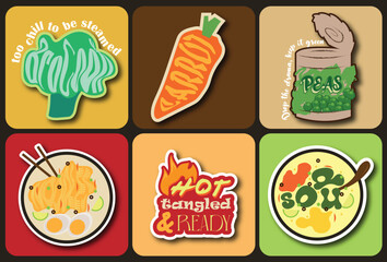 Vegetables, Soup and Noodle Related Vector Set of Sticker Icons and Infographics Design Elements