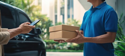 The delivery person handing over packages to a customer using a smartphone.