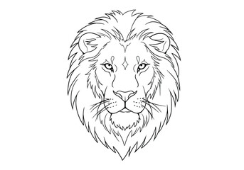 Obraz premium Lion front view drawing. It is a black and white outline image of a lion's face from the front, showcasing its powerful gaze and impressive mane. Vector sketch line art draw.