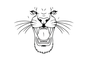 Obraz premium Lion mouth drawing. It is a black and white outline image of a lion's open mouth, revealing sharp fangs and expressing a fierce roar or growl. Vector sketch line art draw.