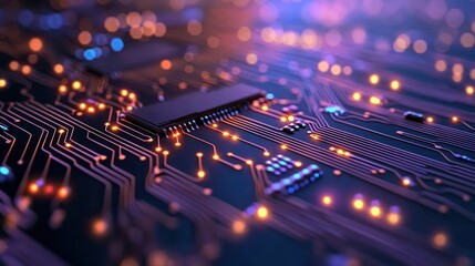 Obraz premium Close-up of glowing circuit board, illuminated components, technological background