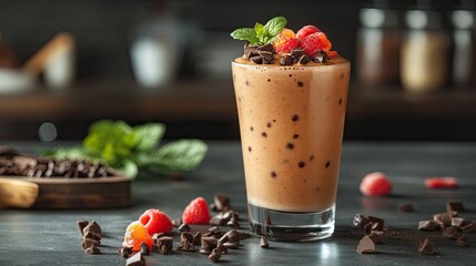 Healthy fruit smoothie on a kitchen counter with colorful ingredients and a refreshing vibe.