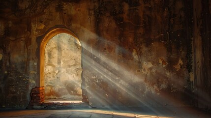 Fototapeta premium Sunlight streams through an archway in a weathered stone structure.