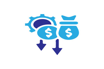 It features a dark blue gear partially obscured by a light blue circle containing a dollar sign, and a light blue money bag also with a dollar sign.