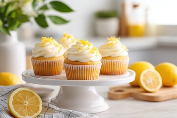 Delightful lemon cupcakes topped with coconut frosting and fresh lemon zest on display