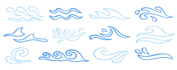 Abstract blue ocean waves logo outline icons set
