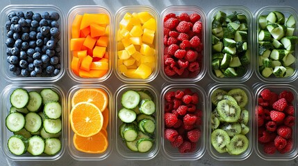 Healthy meal prep with colorful ingredients in containers, promoting balanced eating and nutrition.