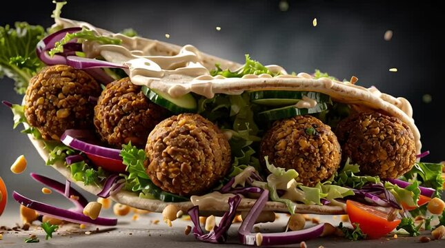 A whole flatbread or pita sits open, and above it: falafel balls, shredded lettuce, tomato slices, pickled onions, tahini sauce, and cucumber spears float in descending order.