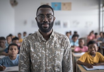 Confident male teacher stands at the blackboard, leading a classroom lesson with students, smiling and engaged, modern education, professional style.