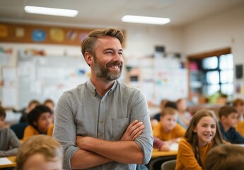 Portrait of a happy male teacher standing in front of a chalkboard, positive expression, educational setting, modern style.