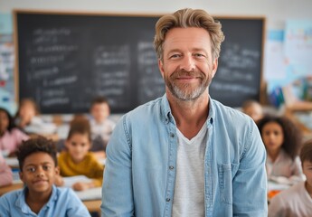 Smiling male teacher stands in front of the board, positive atmosphere, education process, communication with students in the classroom.