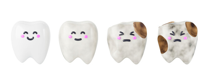 Clean and dirty teeth 3d render icon set. Dental calculus, plaque or decay, oral cavity health care. Happy smiling and sad with tooth pain cartoon kawaii characters on blue background