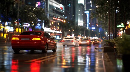 Night city street, raining, cars, neon lights