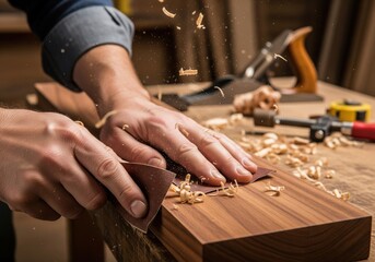 Woodworking and Carpentry with Hands Sanding a Piece of Wood a Concept for a DIY Project or a Craft Hobby