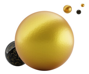 3d render gold sphere and black marble ball. Abstract geometric shapes, metal and stone decorative elements, jewelry beads. Luxury realistic scene with circle figures and pearls