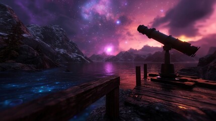 Mountain lake dock telescope starry night