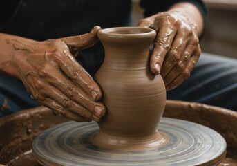 Pottery Making with Artist Hands Shaping Clay on a Wheel a Creative Craft Hobby or a Workshop