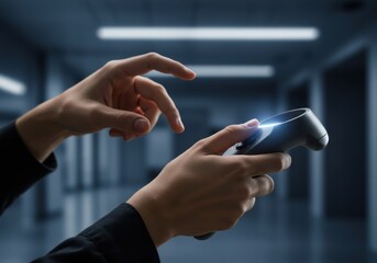 Virtual Reality Experience with Hands Holding a VR Controller a Concept for Gaming the Metaverse and Future Technology