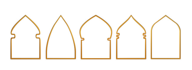 Arab gold windows arches 3d render. Luxury icon set of golden metal vintage frames borders for mosque, muslim and islamic architecture, ornamental design isolated on white background