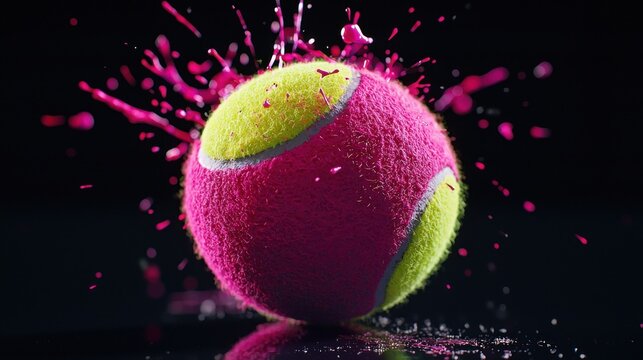 Pink tennis ball explosion on black background