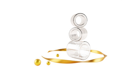 Abstract geometric 3d composition of stack transparent glass cylinders, tubes or pipes with gold spiral ribbon and metal spheres. Clear plastic or acrylic shapes on white background