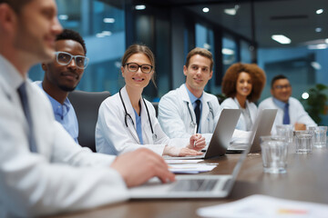 Doctors and healthcare professionals sit at a meeting table, discussing documents and laptops.