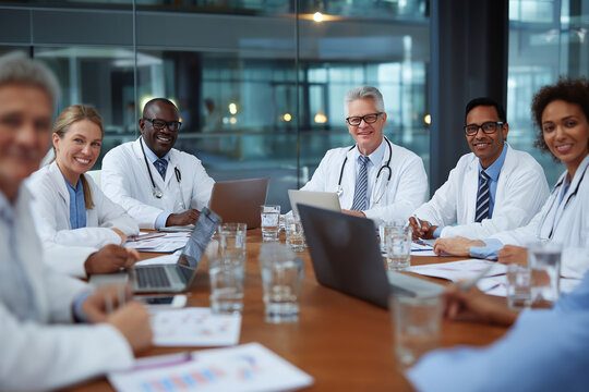 Doctors and healthcare professionals gathered at a conference table with laptops.