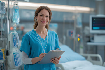 A young female nurse in a blue uniform stands in a hospital room by a bed.