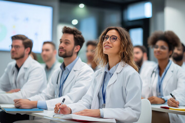 A young female doctor or intern in a white coat attends a hospital lecture.