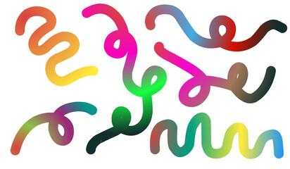 Color gradient waves. Rainbow gradient wavy lines. Colorful brush strokes, abstract swirl shapes, retro fluid lines elements. Vector isolated set.