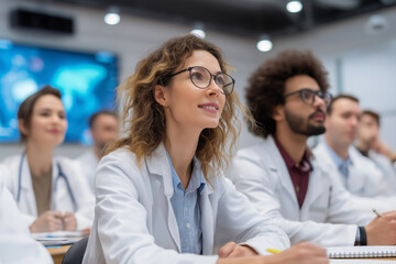 A female medical intern in a white coat and glasses listens during a seminar.