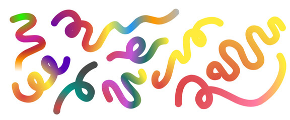 Color gradient waves. Rainbow gradient wavy lines. Colorful brush strokes, abstract swirl shapes, retro fluid lines elements. Vector isolated set.