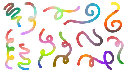 Color gradient waves. Rainbow gradient wavy lines. Colorful brush strokes, abstract swirl shapes, retro fluid lines elements. Vector isolated set.