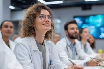 A female medical intern in a white coat and glasses listens during a seminar.