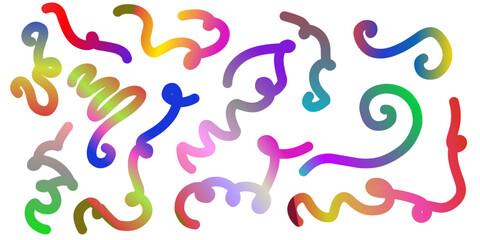 Color gradient waves. Rainbow gradient wavy lines. Colorful brush strokes, abstract swirl shapes, retro fluid lines elements. Vector isolated set.
