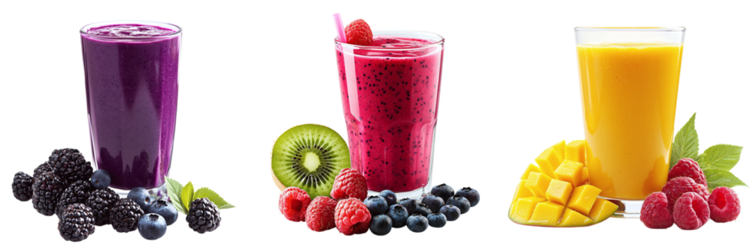 Set of different healthy fruit smoothies with pieces of ripe fruits isolated on transparent background PNG - Powered by Adobe
