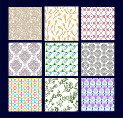 Floral Pattern Decorative Textile Fabric Template &ndash; Fashioned Seamless Botanical Backgrounds Collection with Flowers, Leaves, and Buds for Fabric Design, Wallpaper, Wrapping Paper, and Surface Decorat