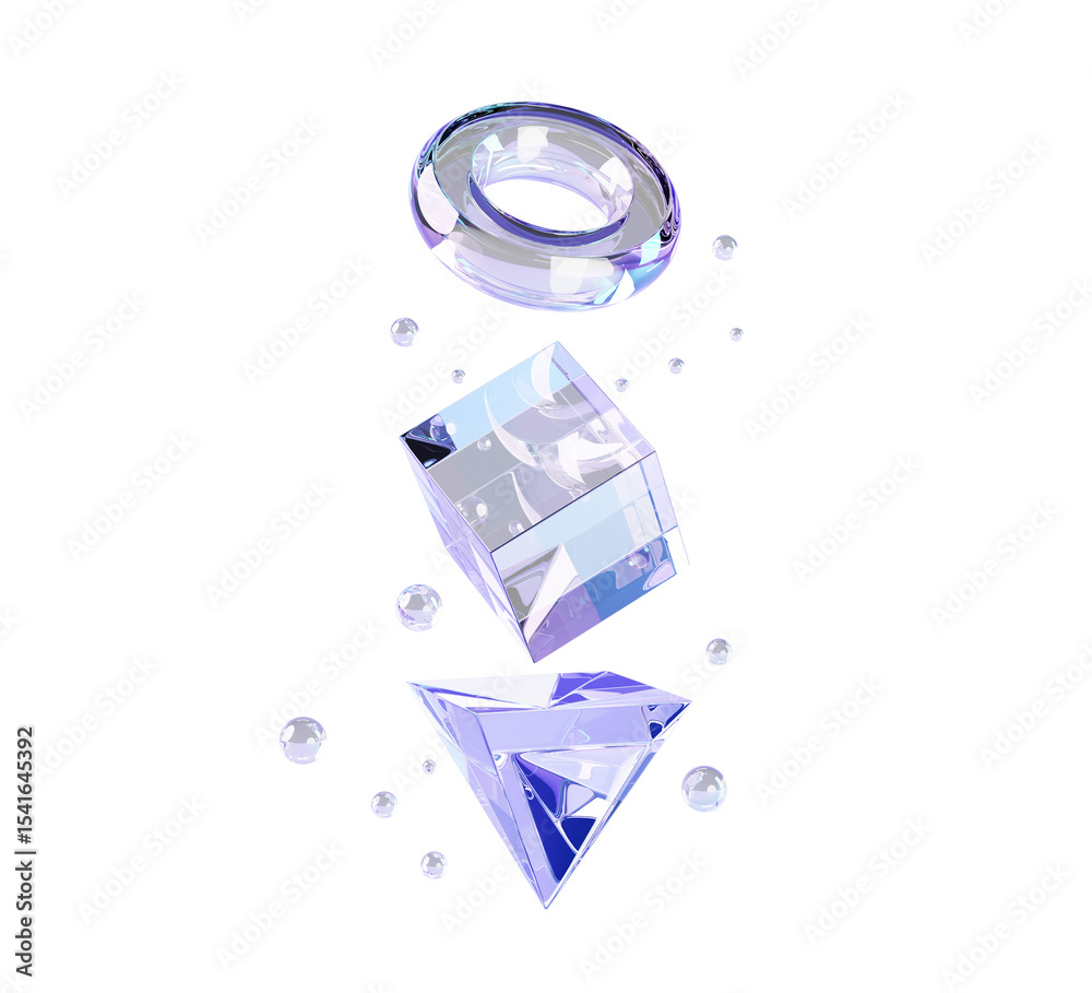 Poster Glass transparent clear triangle, ring and cube box with soap bubbles or water drops on blue background 3d render. Flying abstract geometric shapes, crystal rainbow balancing objects