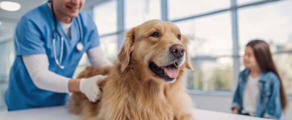 The golden retriever receiving care from a veterinarian in a bright clinic.