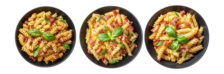 Set of delicious pasta with bacon, cheese and basil isolated on transparent background PNG