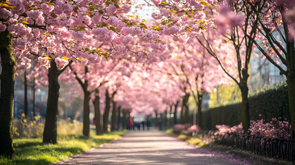 Sakura trees in full bloom in a city park, soft natural light enhancing the pink flowers,