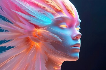 Futuristic Dream Portrait with Colorful Energy Feathers and Abstract Beauty Generative AI