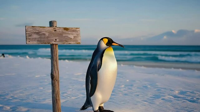An emperor penguin stands on a snowy beach next to a wooden sign. The ocean waves are visible in the background under a clear sky.