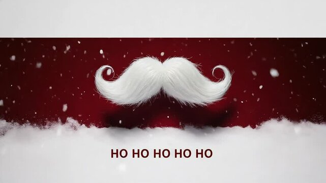 A whimsical white mustache on a red background with falling snowflakes. The text 'HO HO HO' is displayed below the mustache, evoking a festive holiday spirit.