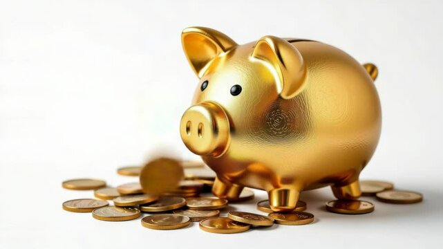 A shiny golden piggy bank surrounded by scattered coins on a plain white background.