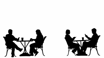 Silhouette of people at tables using phones in an outdoor cafe setting with chairs and drinks present created with generated ai