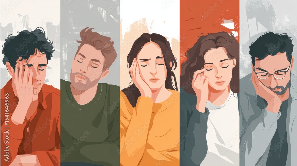 Poster understanding silent signs of distress through expressive illustrations of five individuals in vario